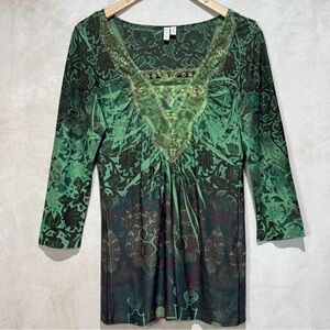 Madison Fairycore Green Embellished Boho Top Size 8 Medium, Whimsigoth Y2K